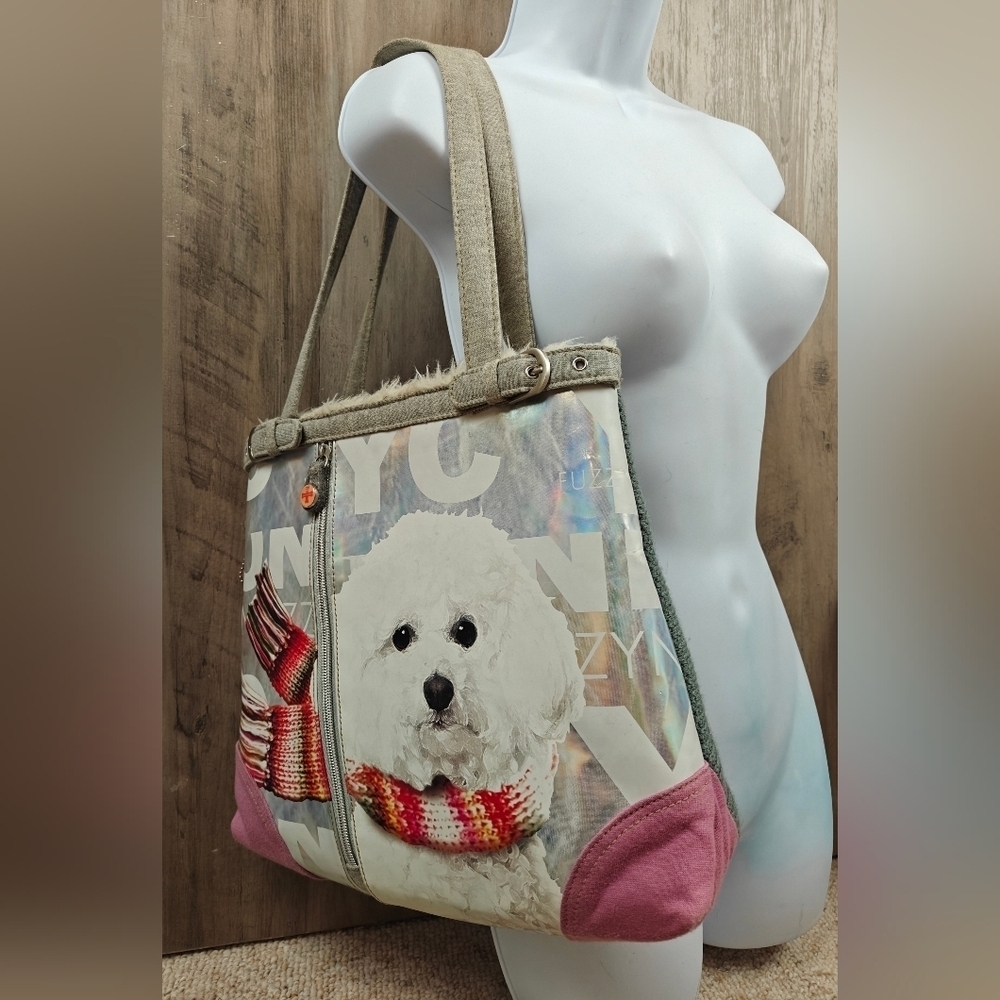 Fuzzy Nation Shoulder Bag Womens Dog Print Faux Fur Lined Double Handle Purse